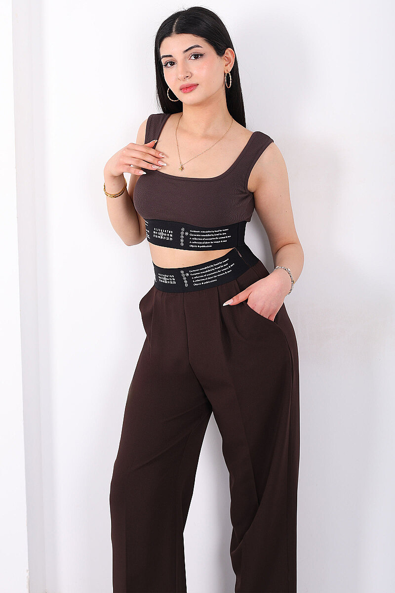 Beli Lastik Yazı Detaylı Kadın Kahverengi Palazzo Pantolon - 4