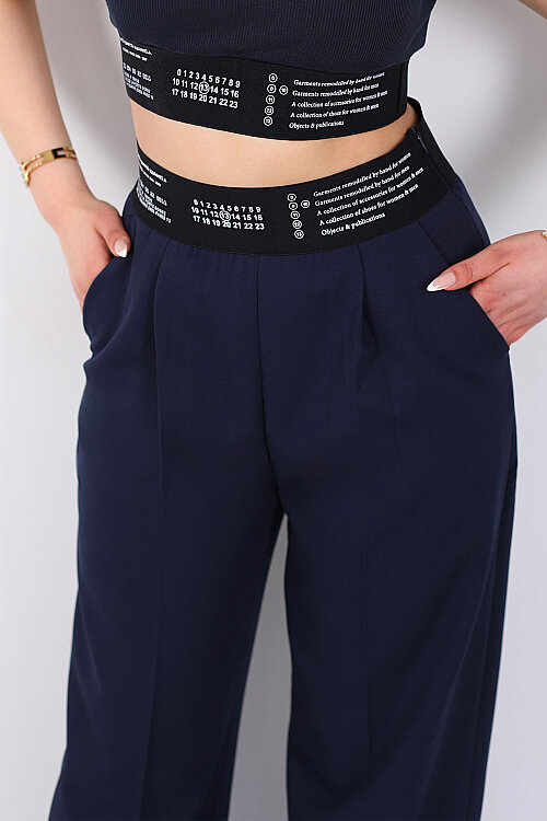 Beli Lastik Yazı Detaylı Kadın Lacivert Palazzo Pantolon - Berox (1)