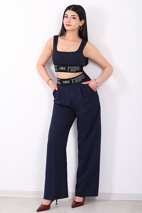 Beli Lastik Yazı Detaylı Kadın Lacivert Palazzo Pantolon - 6