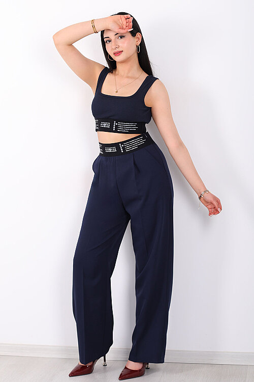 Beli Lastik Yazı Detaylı Kadın Lacivert Palazzo Pantolon - Berox