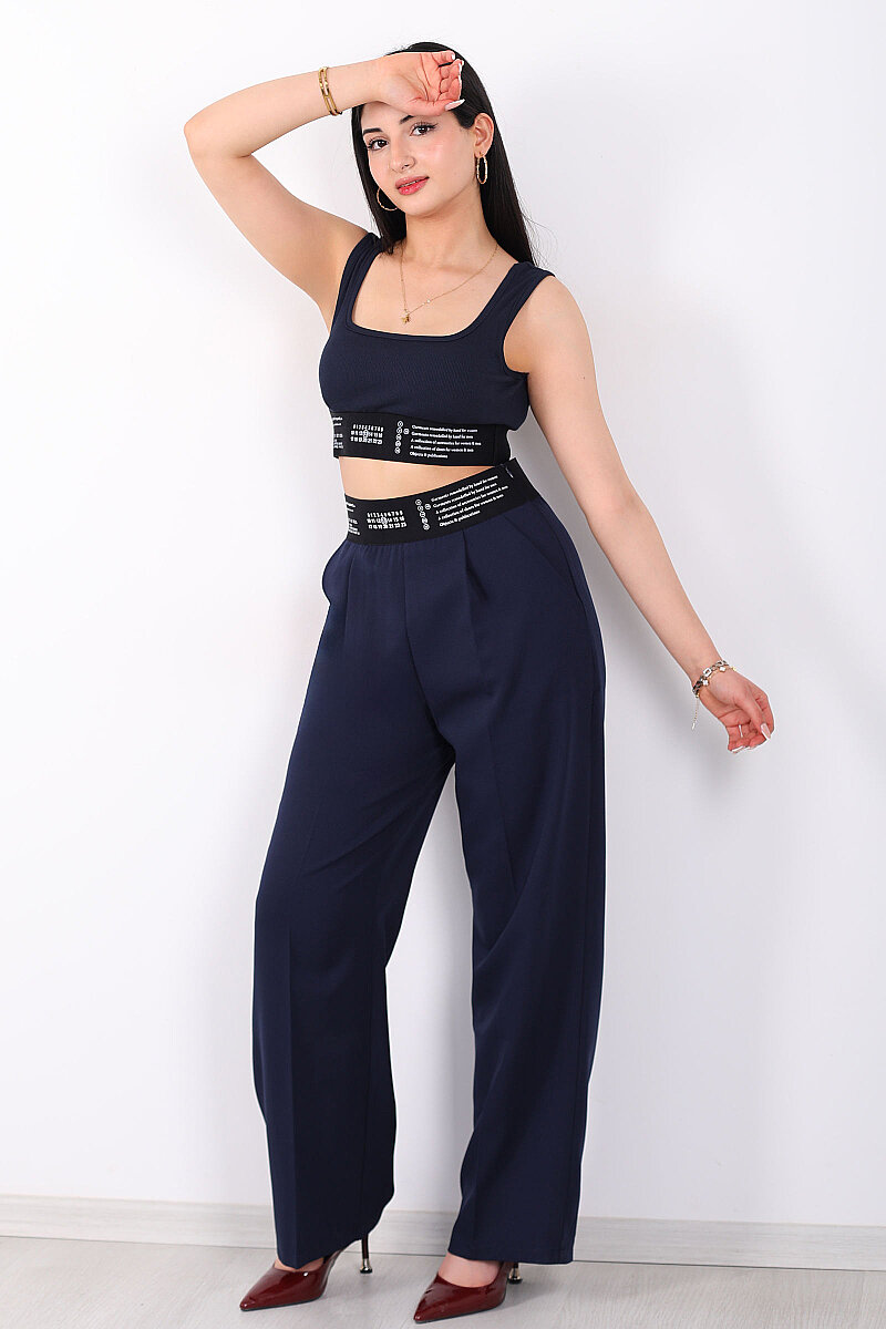 Beli Lastik Yazı Detaylı Kadın Lacivert Palazzo Pantolon - 1