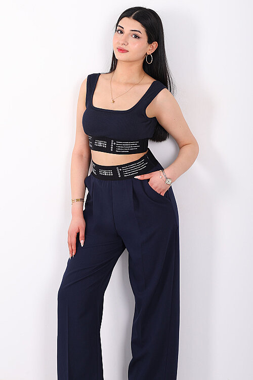 Beli Lastik Yazı Detaylı Kadın Lacivert Palazzo Pantolon - 4
