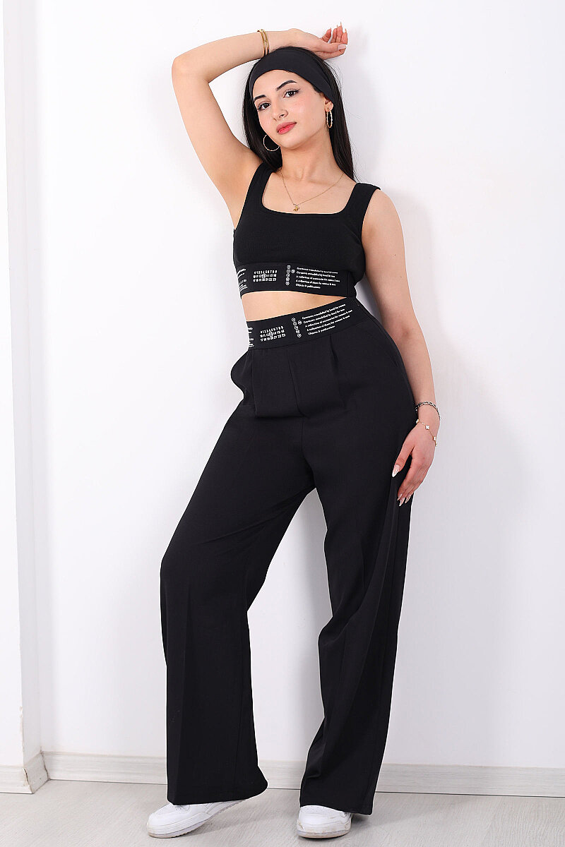 Beli Lastik Yazı Detaylı Kadın Siyah Palazzo Pantolon - 1