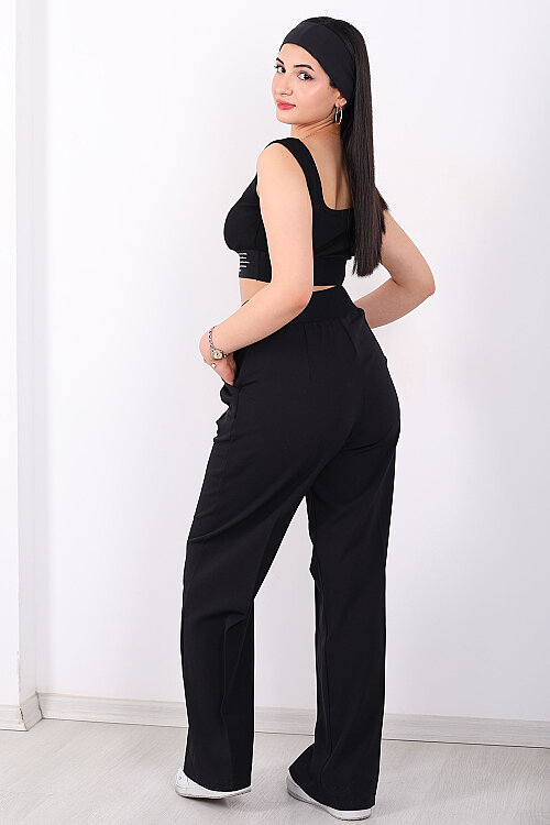 Beli Lastik Yazı Detaylı Kadın Siyah Palazzo Pantolon - 5