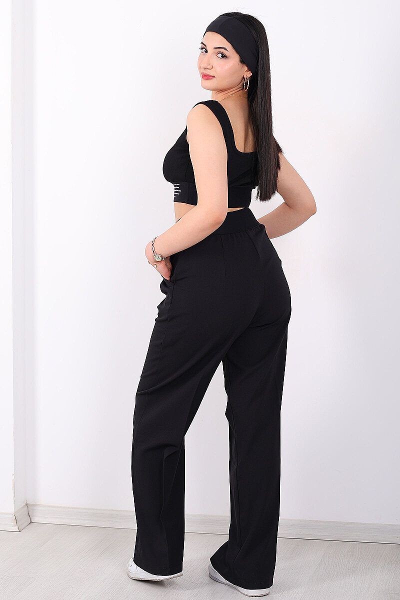 Beli Lastik Yazı Detaylı Kadın Siyah Palazzo Pantolon - 5