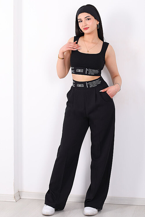 Beli Lastik Yazı Detaylı Kadın Siyah Palazzo Pantolon - 4