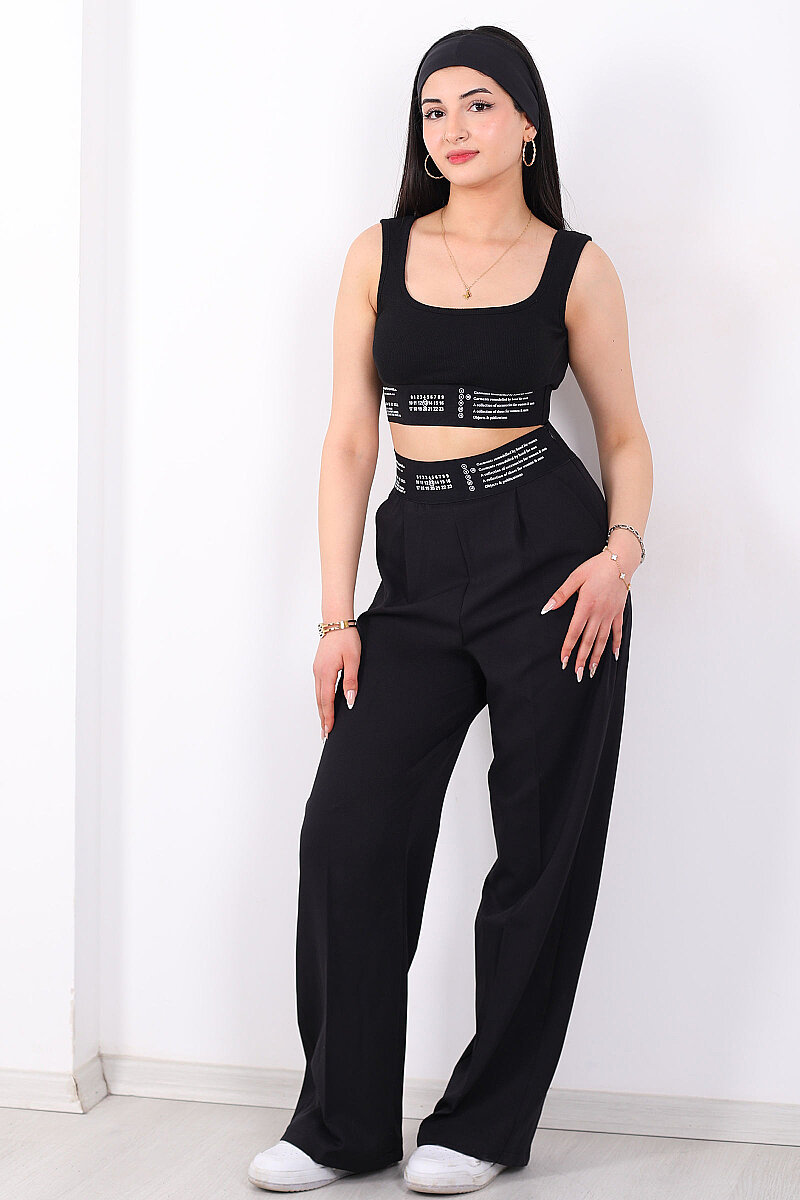 Beli Lastik Yazı Detaylı Kadın Siyah Palazzo Pantolon - 3