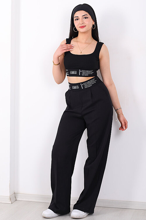 Beli Lastik Yazı Detaylı Kadın Siyah Palazzo Pantolon - 6