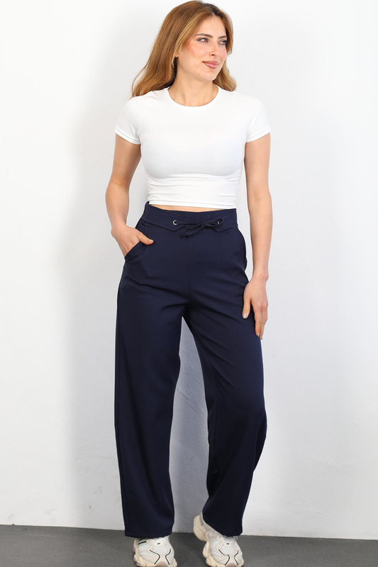 Beli Lastikli Bağlamalı Lacivert Kadın Kumaş Pantolon - 4