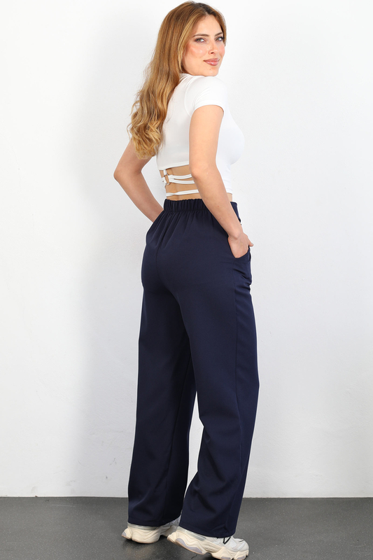 Beli Lastikli Bağlamalı Lacivert Kadın Kumaş Pantolon - 3
