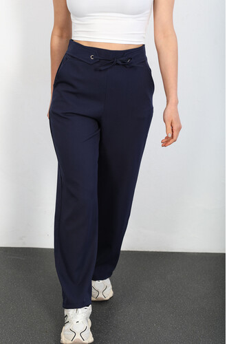 Beli Lastikli Bağlamalı Lacivert Kadın Kumaş Pantolon - Berox (1)