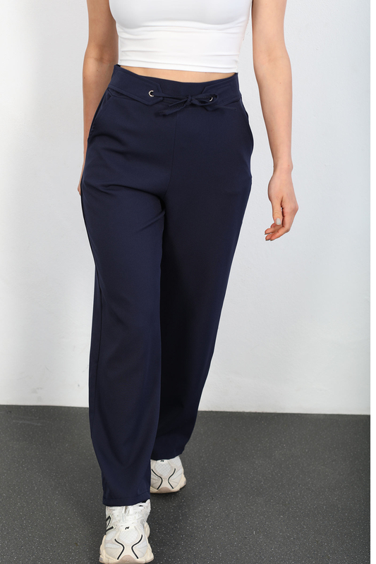 Beli Lastikli Bağlamalı Lacivert Kadın Kumaş Pantolon - 2