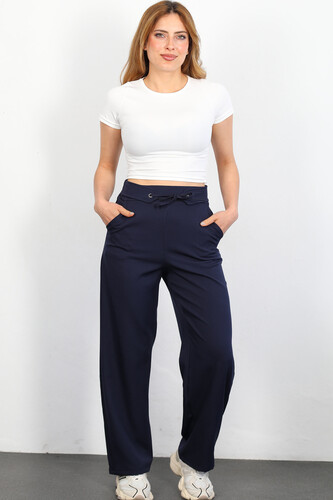 Beli Lastikli Bağlamalı Lacivert Kadın Kumaş Pantolon - Berox