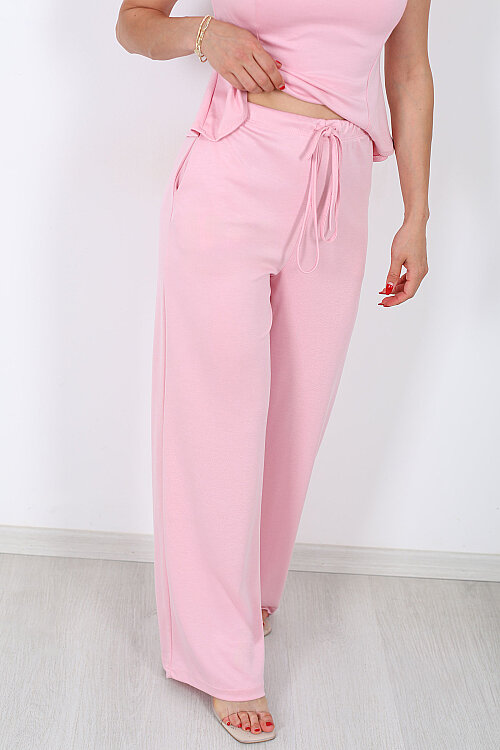 Beli Lastikli Bağlamalı Pembe Kadın Modal Pantolon - Berox (1)