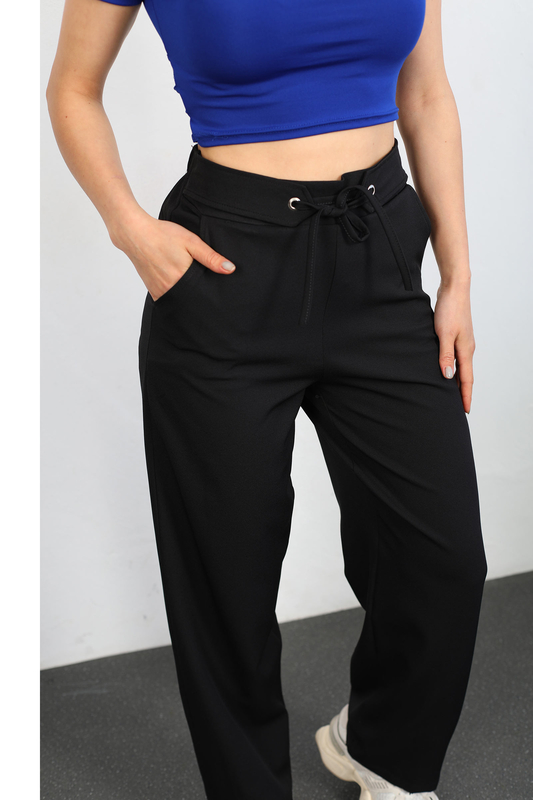 Beli Lastikli Bağlamalı Siyah Kadın Kumaş Pantolon - 2