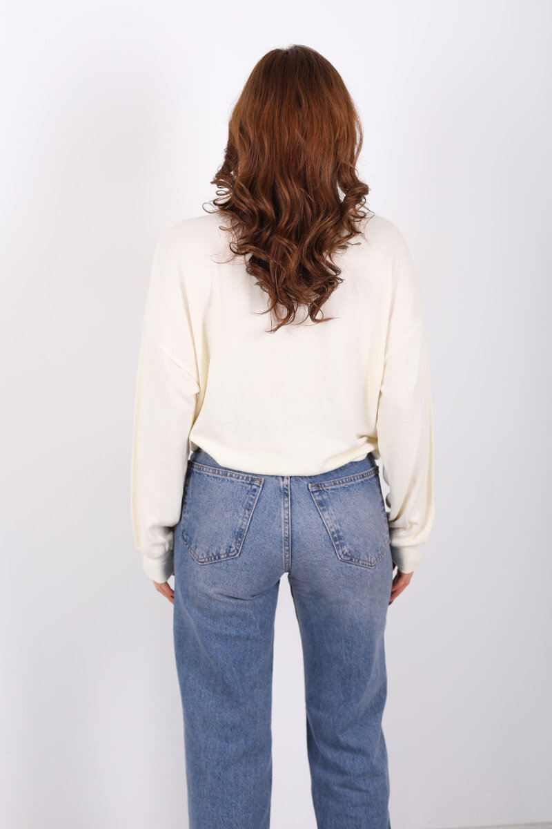 Beli Lastikli Bisiklet Yaka Ekru Kadın Bluz - 4