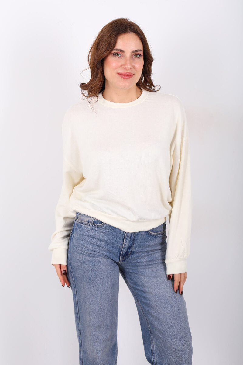 Beli Lastikli Bisiklet Yaka Ekru Kadın Bluz - 5