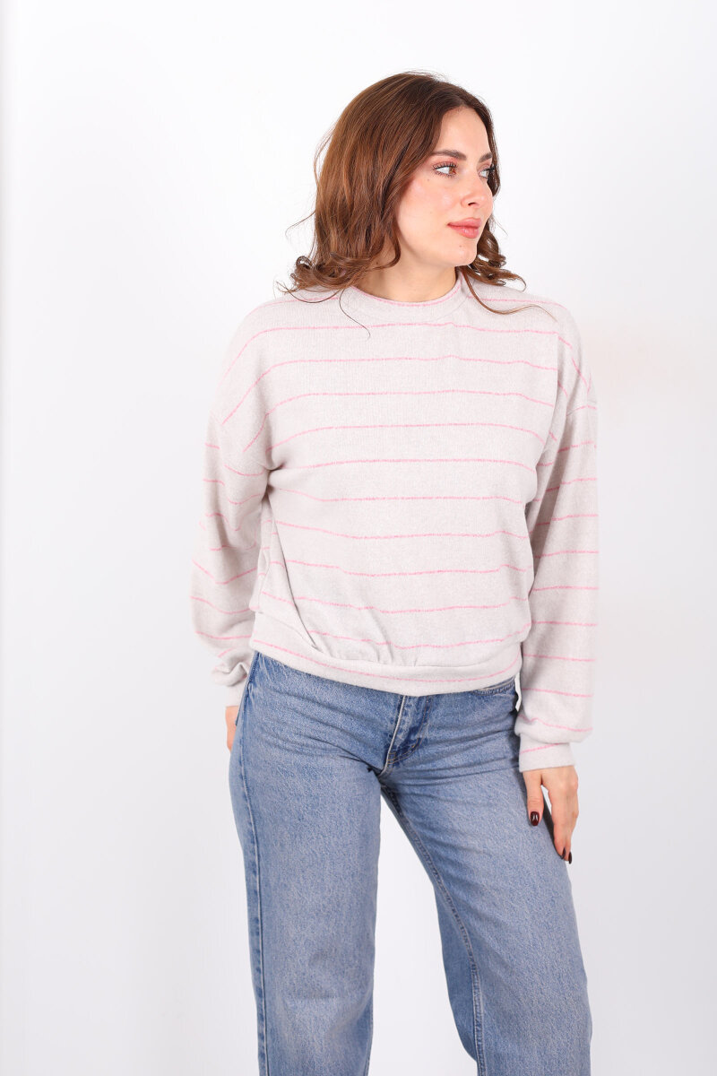 Beli Lastikli Bisiklet Yaka Ekru Kadın Çizgili Bluz - 5