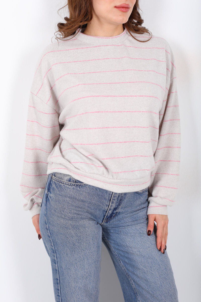 Beli Lastikli Bisiklet Yaka Ekru Kadın Çizgili Bluz - 2