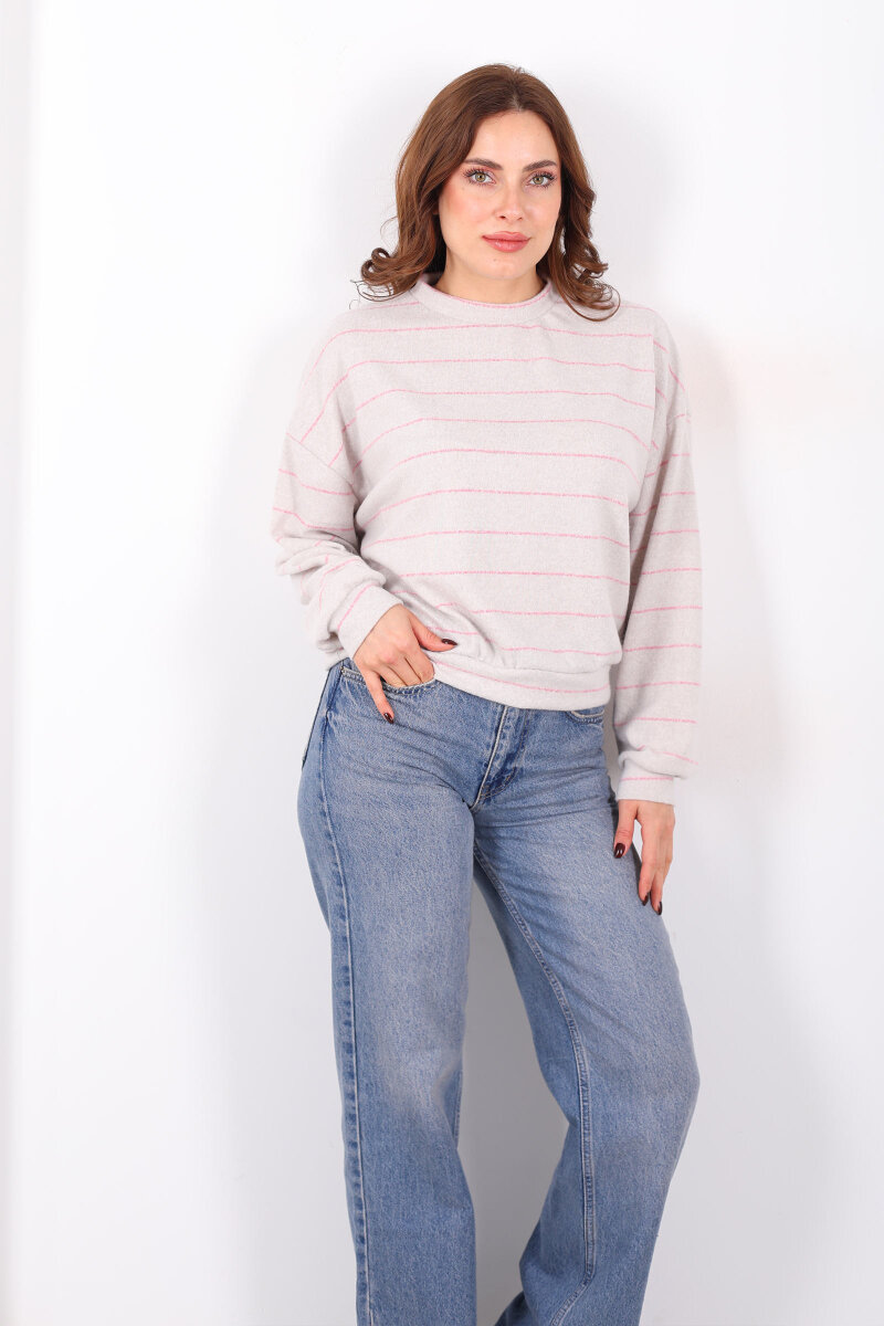 Beli Lastikli Bisiklet Yaka Ekru Kadın Çizgili Bluz - 1