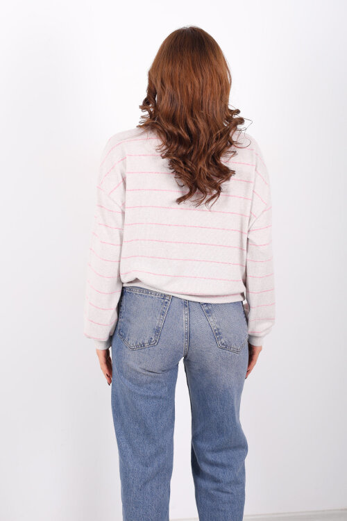 Beli Lastikli Bisiklet Yaka Ekru Kadın Çizgili Bluz - 4