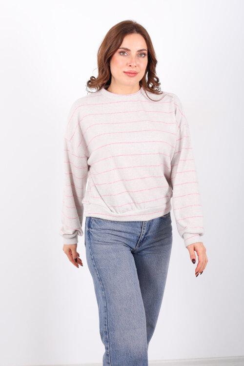 Beli Lastikli Bisiklet Yaka Ekru Kadın Çizgili Bluz - 3