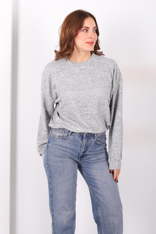 Beli Lastikli Bisiklet Yaka Gri Kadın Bluz - 3