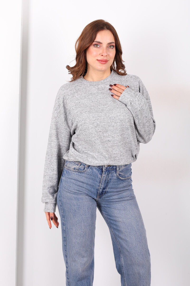 Beli Lastikli Bisiklet Yaka Gri Kadın Bluz - 1