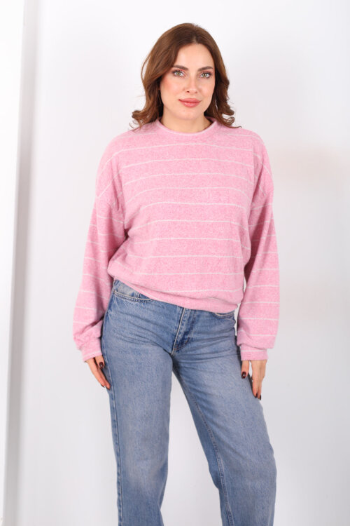 Beli Lastikli Bisiklet Yaka Pembe Kadın Çizgili Bluz - Berox