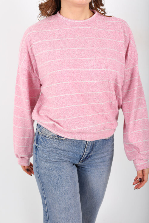 Beli Lastikli Bisiklet Yaka Pembe Kadın Çizgili Bluz - Berox (1)