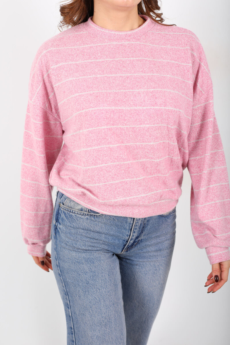 Beli Lastikli Bisiklet Yaka Pembe Kadın Çizgili Bluz - 2