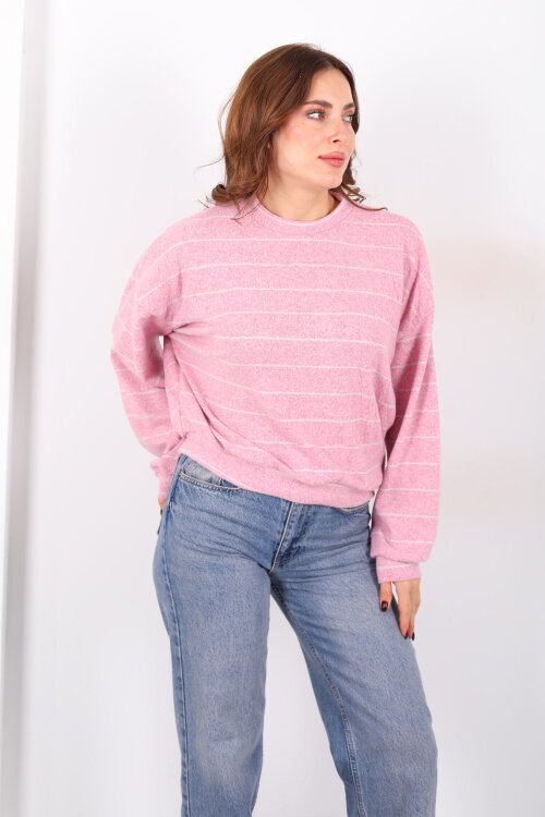 Beli Lastikli Bisiklet Yaka Pembe Kadın Çizgili Bluz - 3