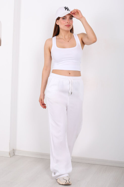 Beli Lastikli Bol Paça Cepli Kadın Beyaz Tensel Pantolon - 4