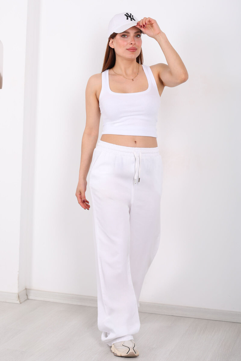 Beli Lastikli Bol Paça Cepli Kadın Beyaz Tensel Pantolon - 4