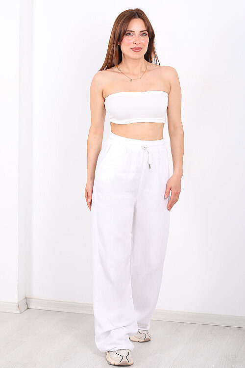 Beli Lastikli Bol Paça Cepli Kadın Beyaz Tensel Pantolon - 6