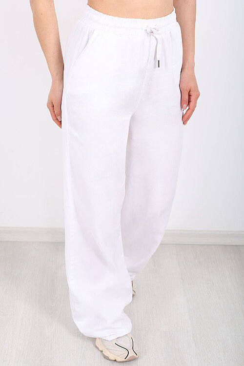 Beli Lastikli Bol Paça Cepli Kadın Beyaz Tensel Pantolon - Berox (1)