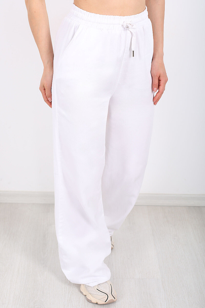Beli Lastikli Bol Paça Cepli Kadın Beyaz Tensel Pantolon - 2