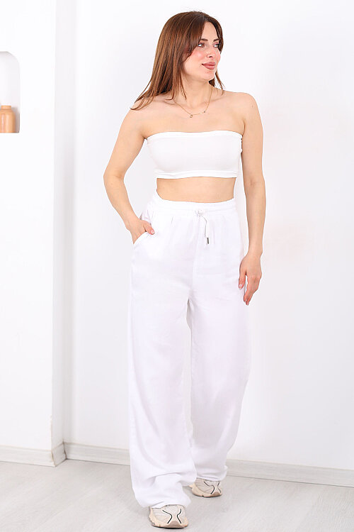 Beli Lastikli Bol Paça Cepli Kadın Beyaz Tensel Pantolon - 3