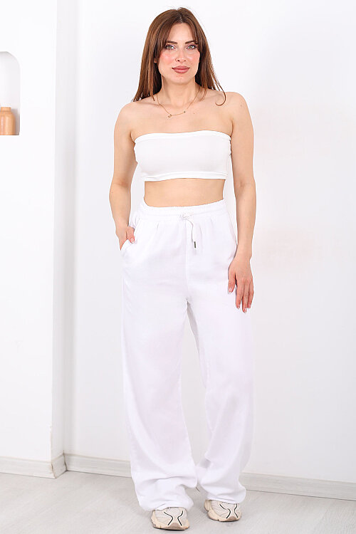 Beli Lastikli Bol Paça Cepli Kadın Beyaz Tensel Pantolon - Berox