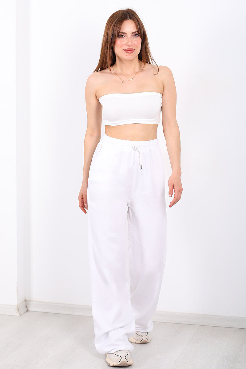 Beli Lastikli Bol Paça Cepli Kadın Beyaz Tensel Pantolon - 4