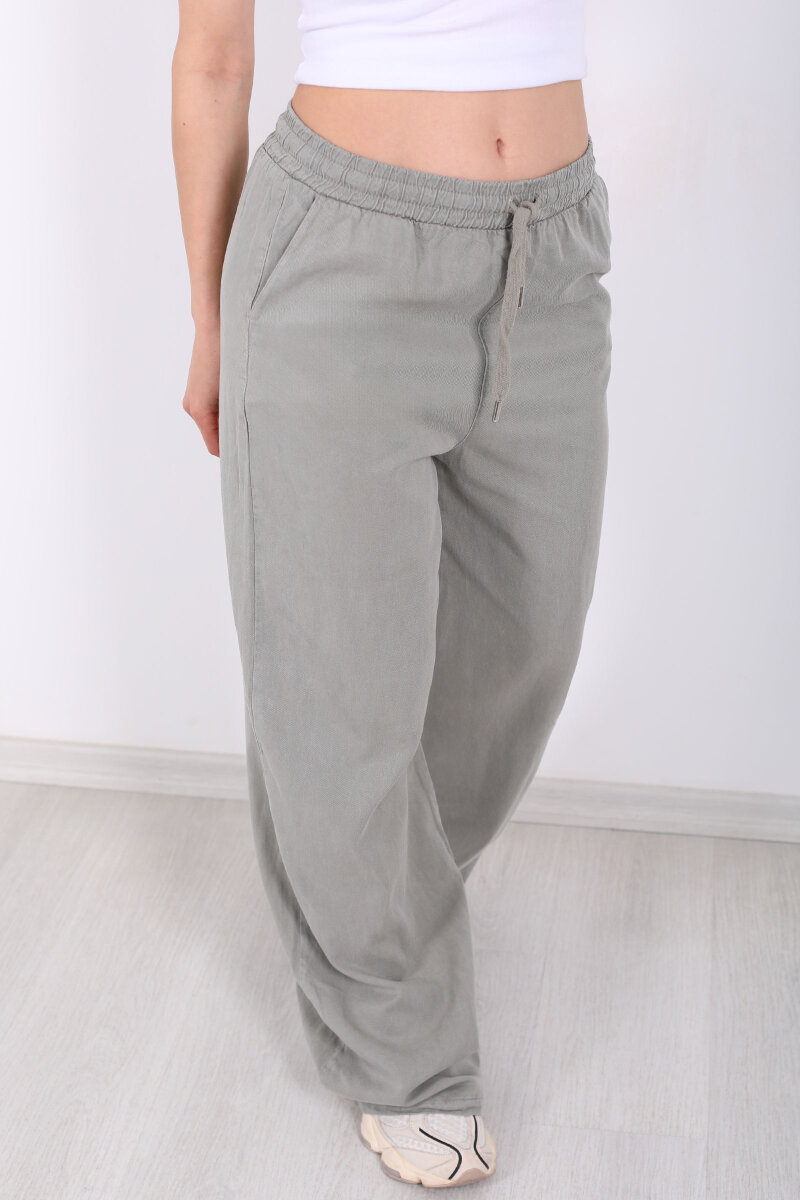 Beli Lastikli Bol Paça Cepli Kadın Haki Tensel Pantolon - 2