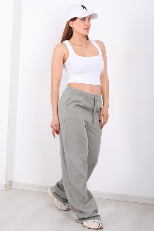 Beli Lastikli Bol Paça Cepli Kadın Haki Tensel Pantolon - 3