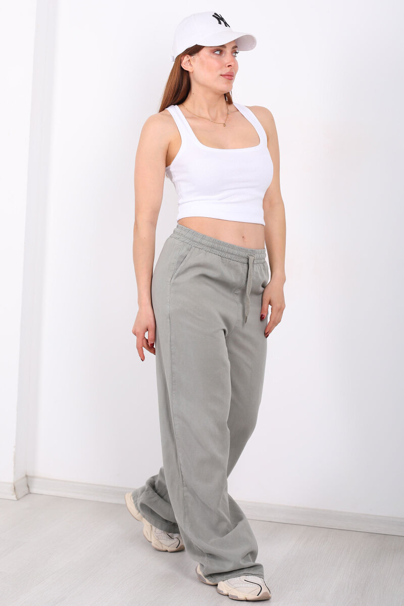 Beli Lastikli Bol Paça Cepli Kadın Haki Tensel Pantolon - 3