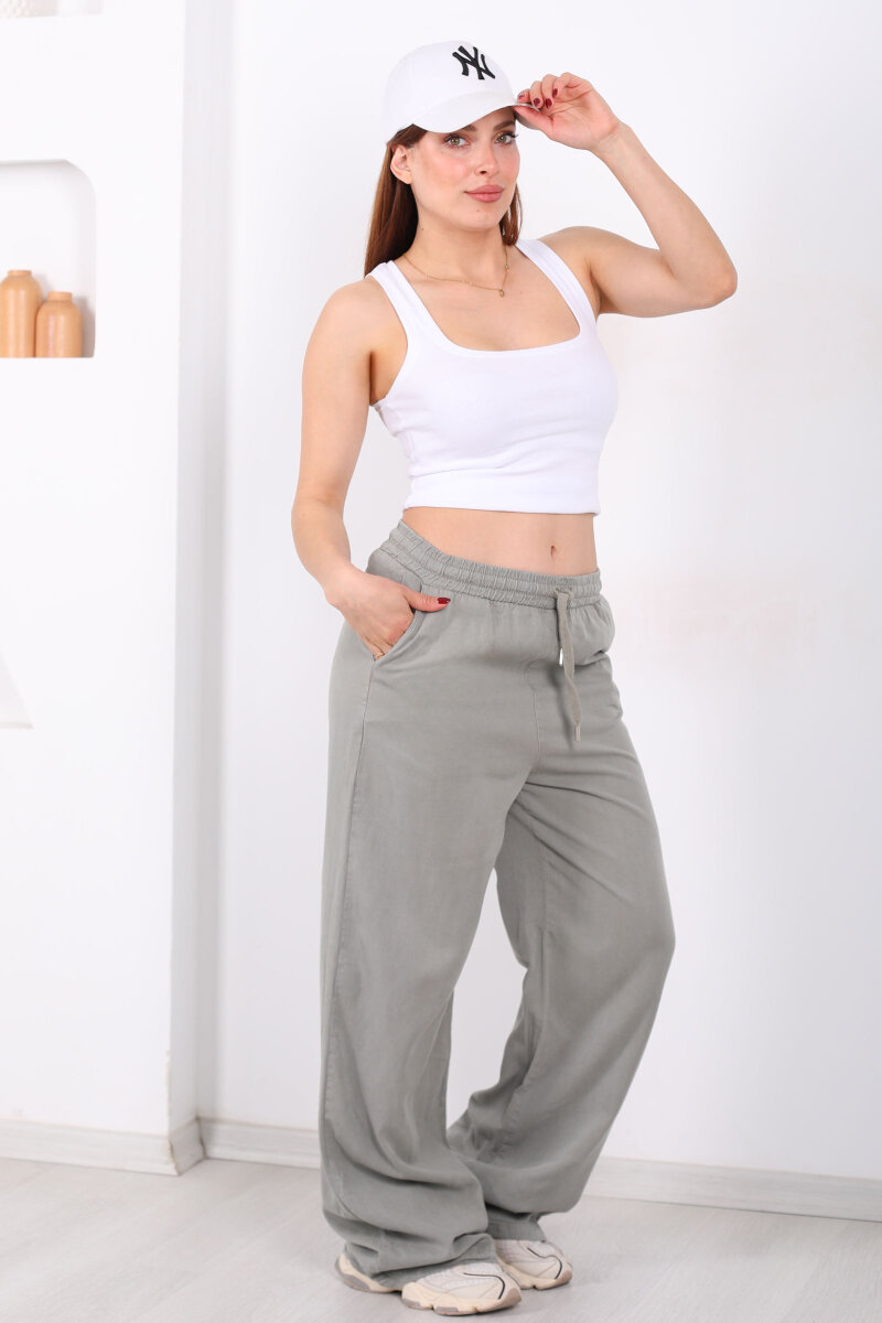 Beli Lastikli Bol Paça Cepli Kadın Haki Tensel Pantolon - 1