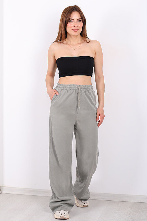 Beli Lastikli Bol Paça Cepli Kadın Haki Tensel Pantolon - 4