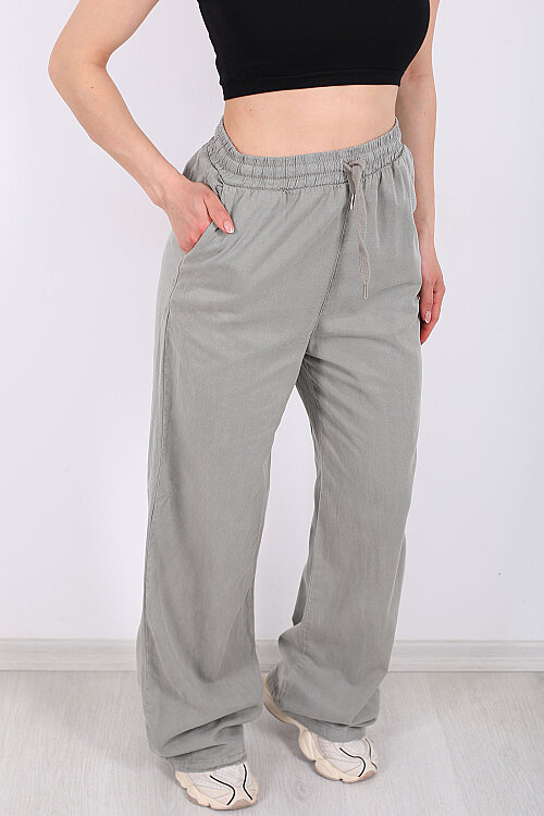 Beli Lastikli Bol Paça Cepli Kadın Haki Tensel Pantolon - Berox (1)