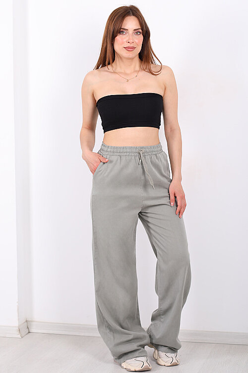 Beli Lastikli Bol Paça Cepli Kadın Haki Tensel Pantolon - Berox