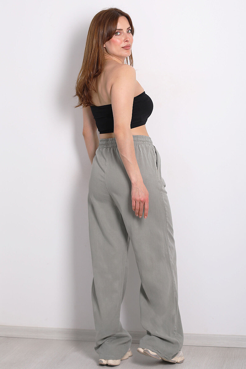 Beli Lastikli Bol Paça Cepli Kadın Haki Tensel Pantolon - 5