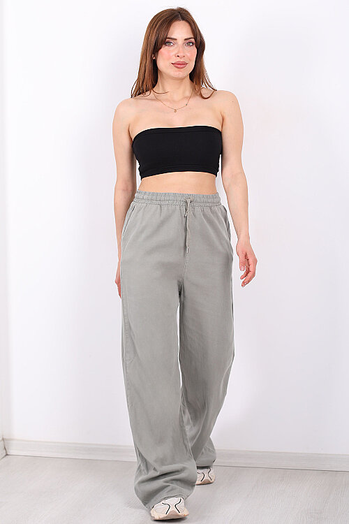 Beli Lastikli Bol Paça Cepli Kadın Haki Tensel Pantolon - 6