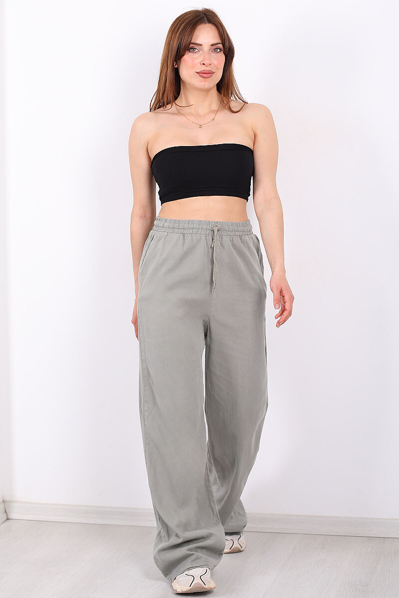 Beli Lastikli Bol Paça Cepli Kadın Haki Tensel Pantolon - 6